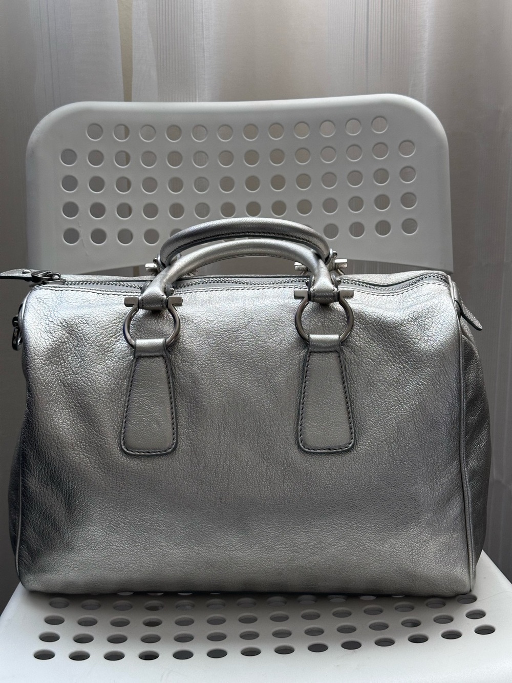 Salvatore Ferragamo Metallic Silver Leather Isabel Boston bag